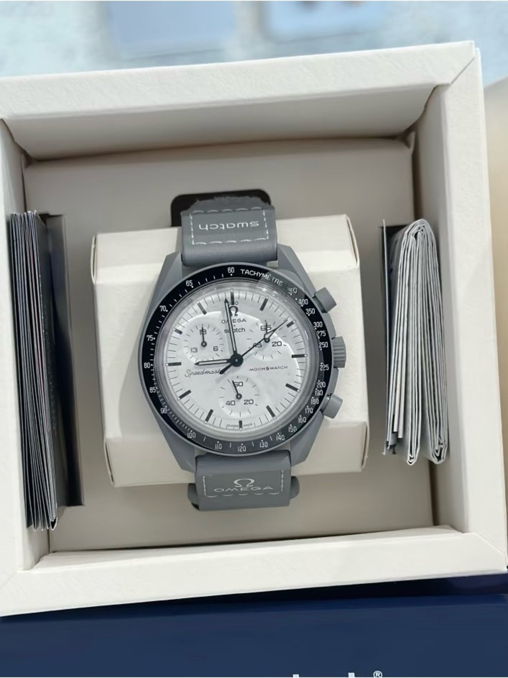 Grey Strap Chronograph Watch with White Dial